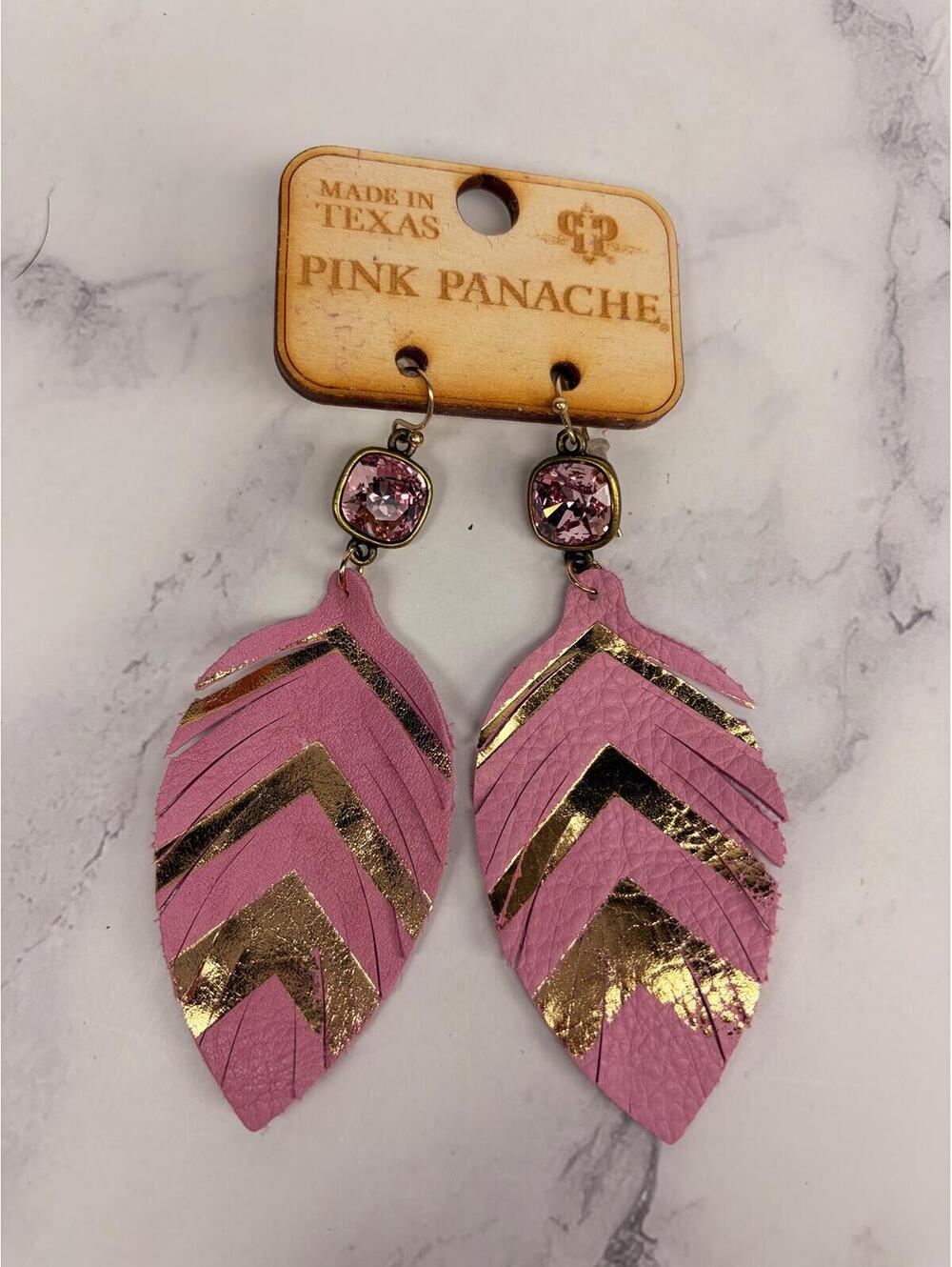 Pink Panache Pink Leather Fringe Earrings Gold Foil Feather Drop Texas Boho - Picture 2 of 3